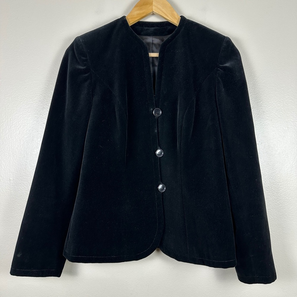 Vintage Dattilo Women's 6 Blazer Black Collarless Button Front Velvet Jacket